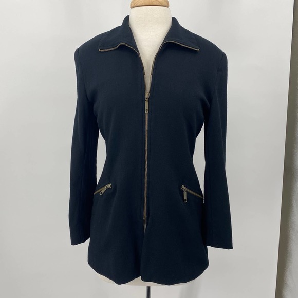 Vintage 90s Henri Bendel Wool Jacket Front Zip Up Collared Black Womens 10 - Picture 4 of 10